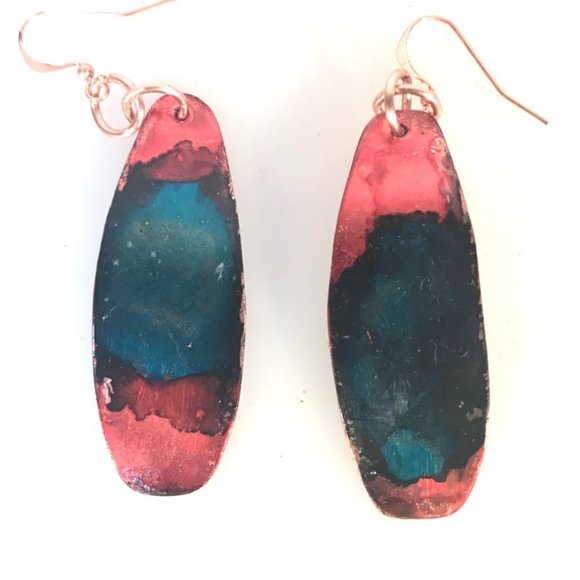 Blue Red Rustic Solid Copper Long Painted Earrings Handmade OOAK Bohemian Hippie - Picture 3 of 11